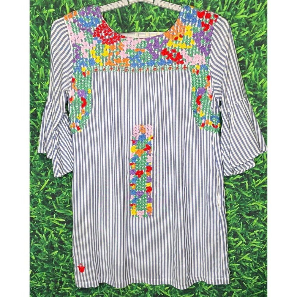 J. Marie Blue Striped Floral Embroidered Ana Maria Dress Bell Sleeve Women Small
